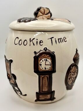 Vintage Japan Cookie Jar Cream Glazed Ceramic Retro Brown 3D Farmhouse Furniture